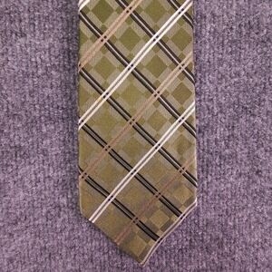 Geoffrey Beene Silk Tie Green Silver Gold Plaid Men Necktie